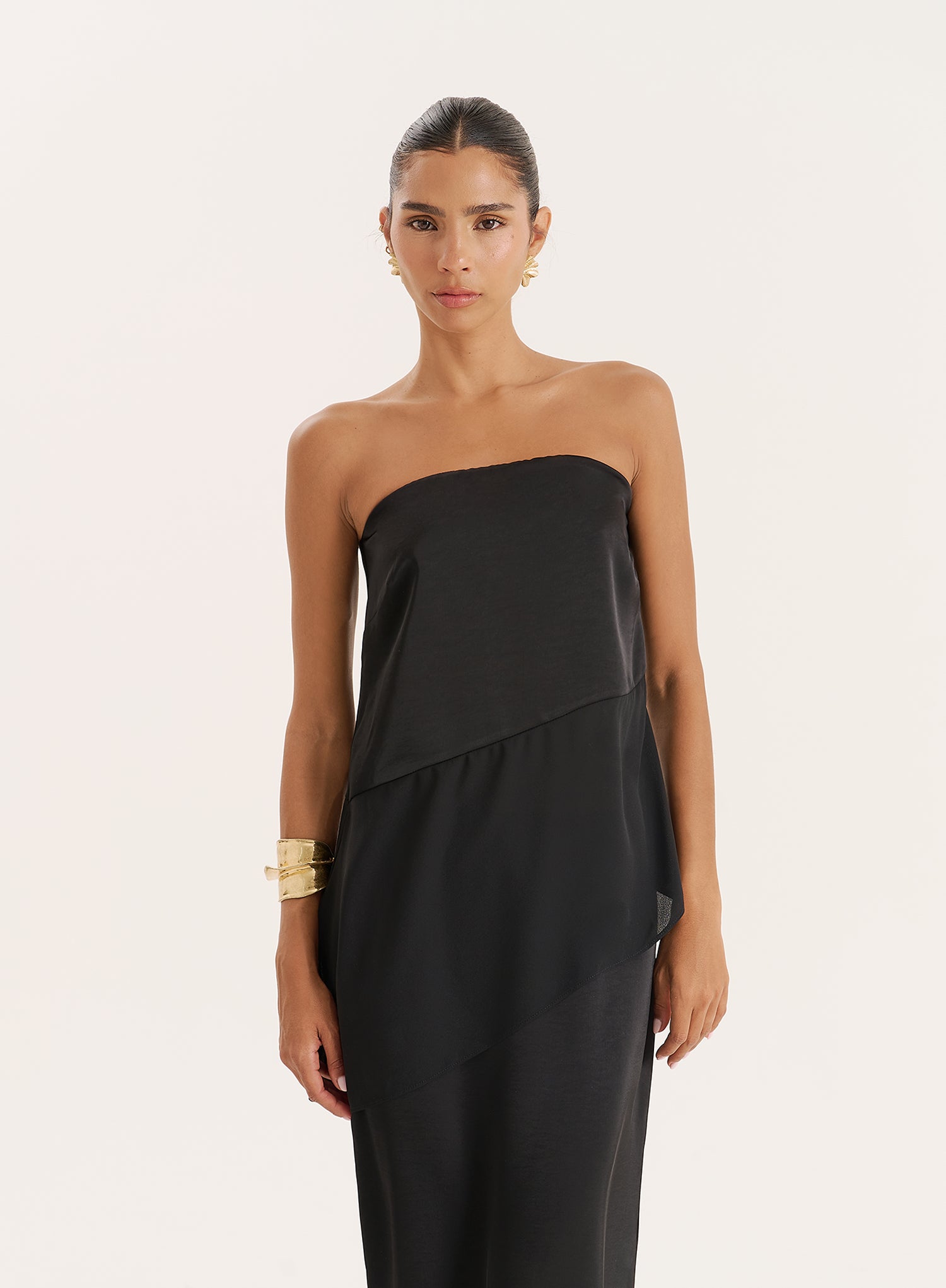 Black Satin And Chiffon Bandeau Asymmetric Top